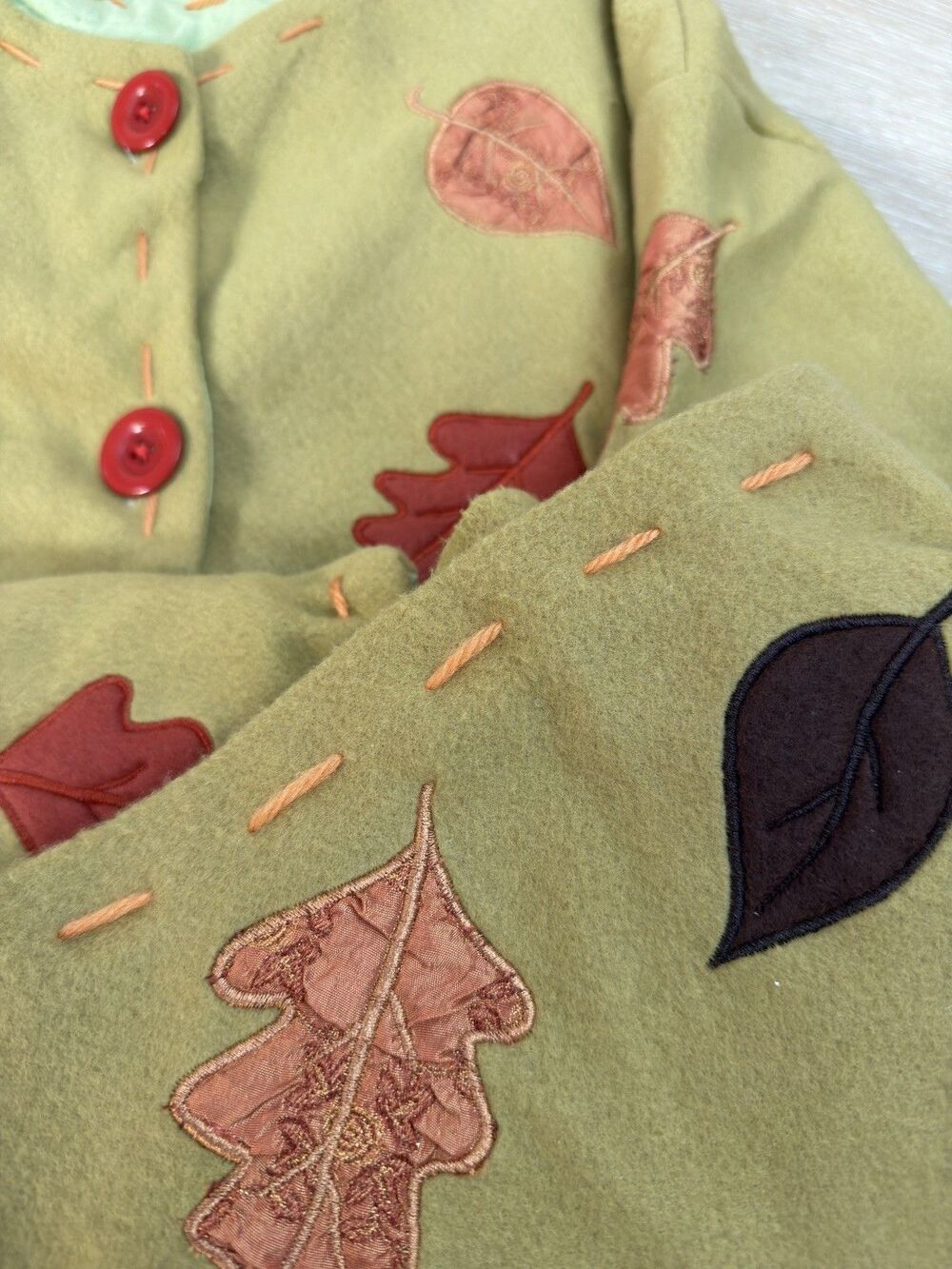 VTG 90s Y2K Autumn Pumpkin Leaf Applique Fleece Jacket Mustard Cardigan L Lined - Picture 5 of 16